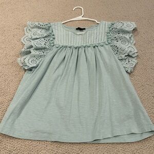 J. Crew Green Eyelet Top with Pom Pom Detailing